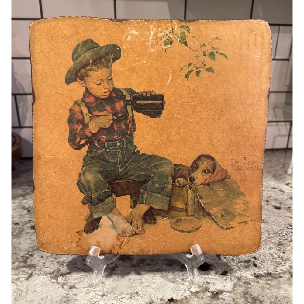 Vintage Norman Rockwell Wood Plaque Sick Dog Medicine Boy Americana Rustic 10x11